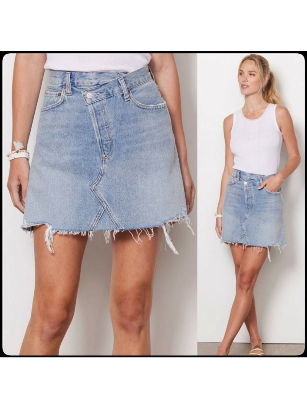 Agolde Criss Cross Asymmetrical Organic Cotton Denim Raw Hem Mini Skirt Size 24